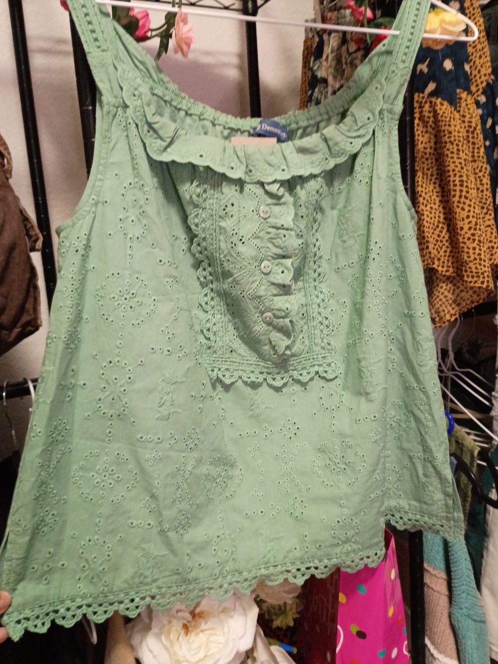 Democracy Light Green Eyelet Ruffle Camisole